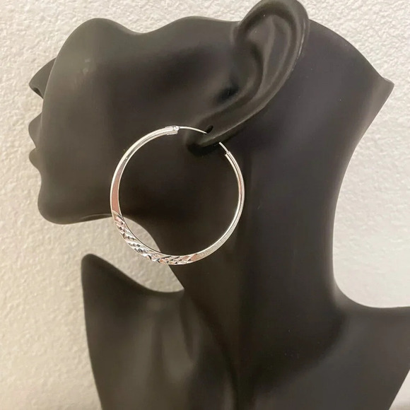 925 Sterling Silver Hoop Earrings Diamond Cut Textured Hoop Earrings - Picture 5 of 5